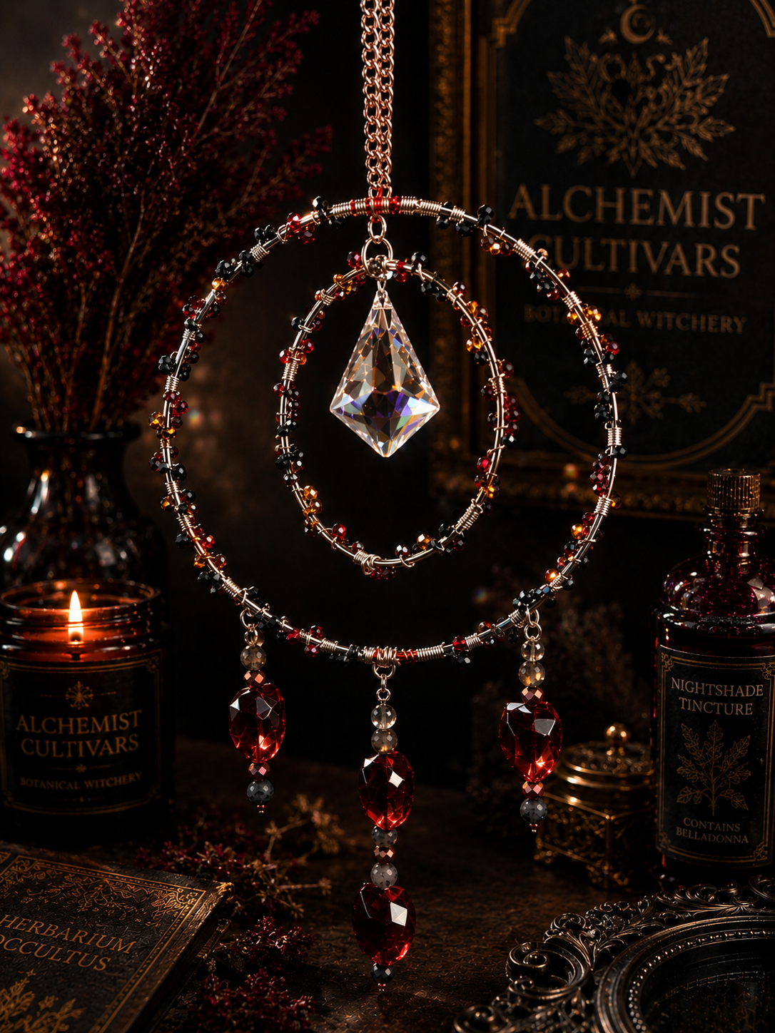 The Alchemist's Pendulum - Wire-Wrapped Botanical Suncatcher